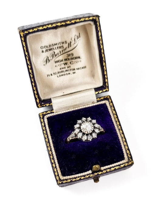 Victorian rose-cut diamond & yellow gold flower cluster ring in Georgian style, size O 1/2