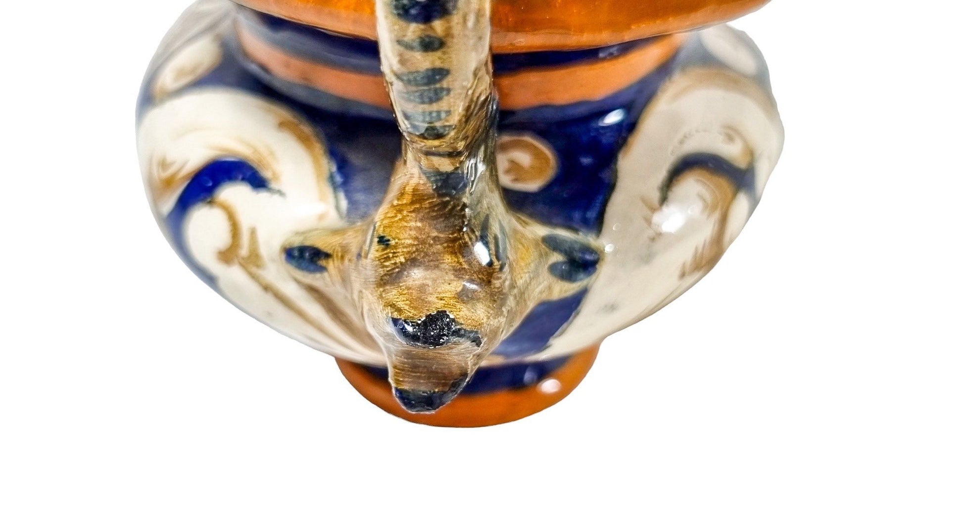 Antique Italian pottery majolica baluster bowl with Renaissance sea monster dolphin handles