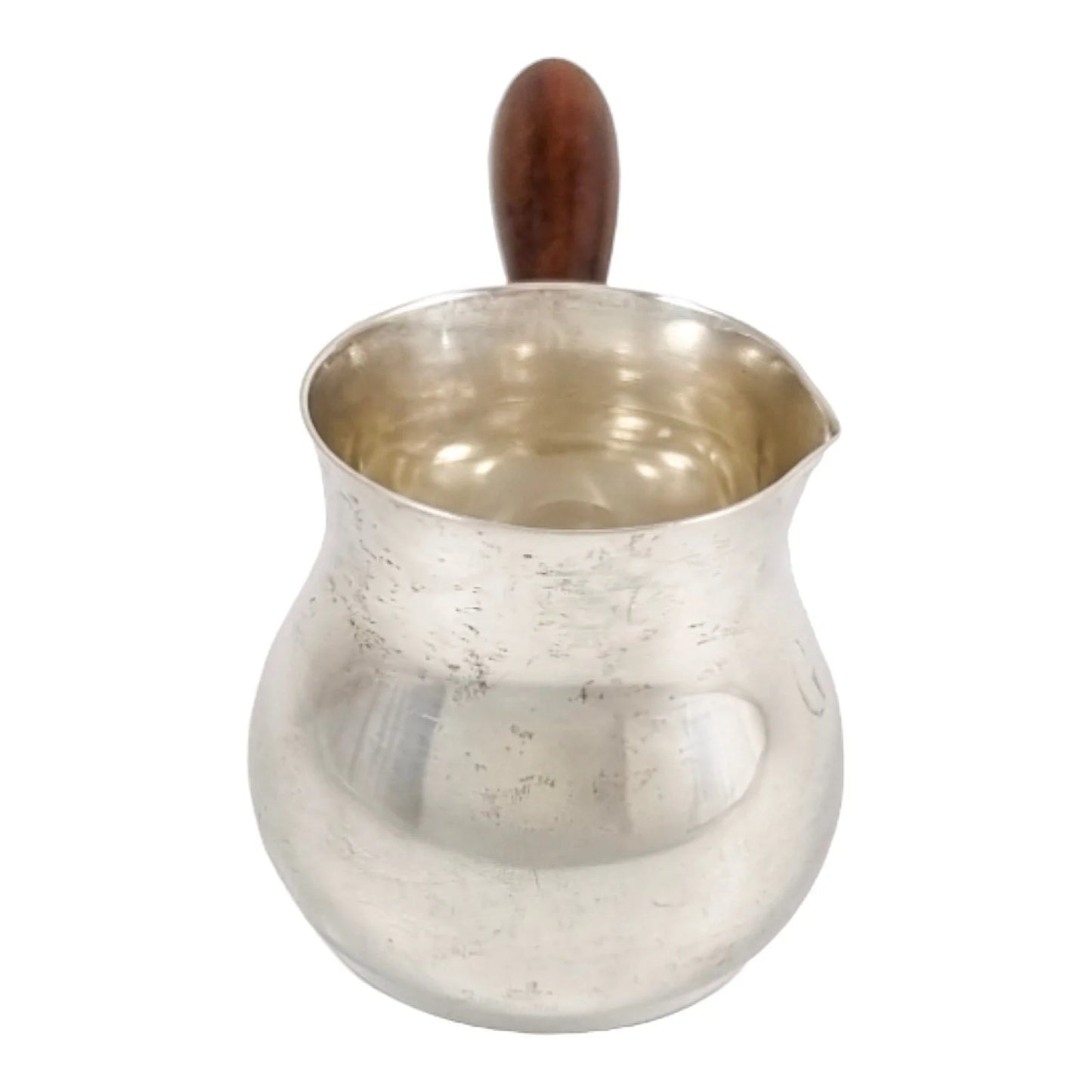 Edwardian American sterling silver brandy saucepan warmer / pipkin with turned wooden handle, inscribed “Gail”