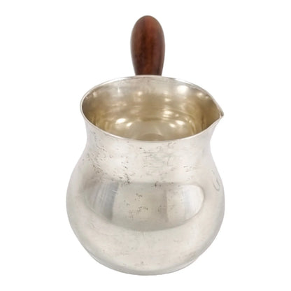 Edwardian American sterling silver brandy saucepan warmer / pipkin with turned wooden handle, inscribed “Gail”