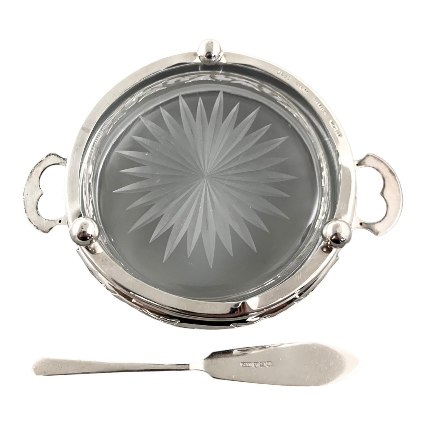 Edwardian Canadian Roden Bros sterling silver pierced butter / caviar dish and knife
