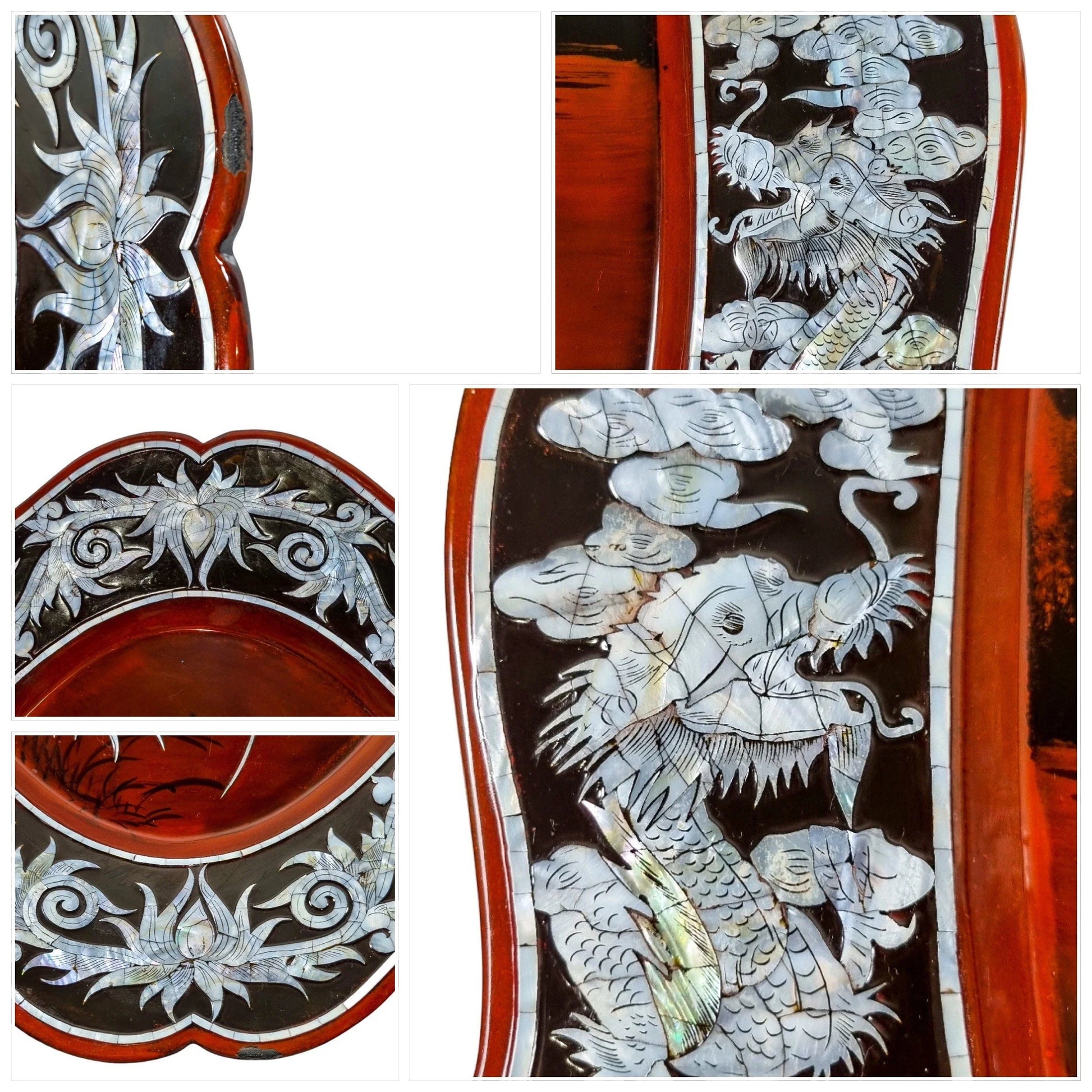 Huge vintage Asian lacquerware fluted tray inlaid with mother-of-pearl flowers, dragons, birds and butterflies