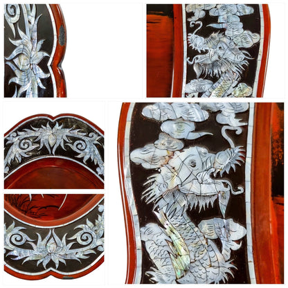 Huge vintage Asian lacquerware fluted tray inlaid with mother-of-pearl flowers, dragons, birds and butterflies
