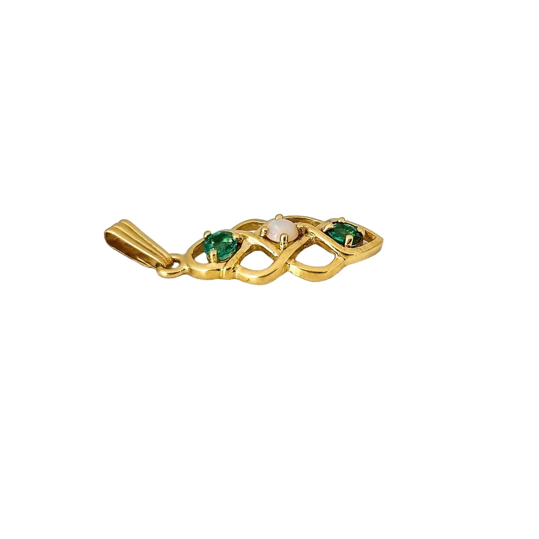Vintage 9ct yellow gold 3 stone opal emerald twisted open pendant, Celtic knotwork