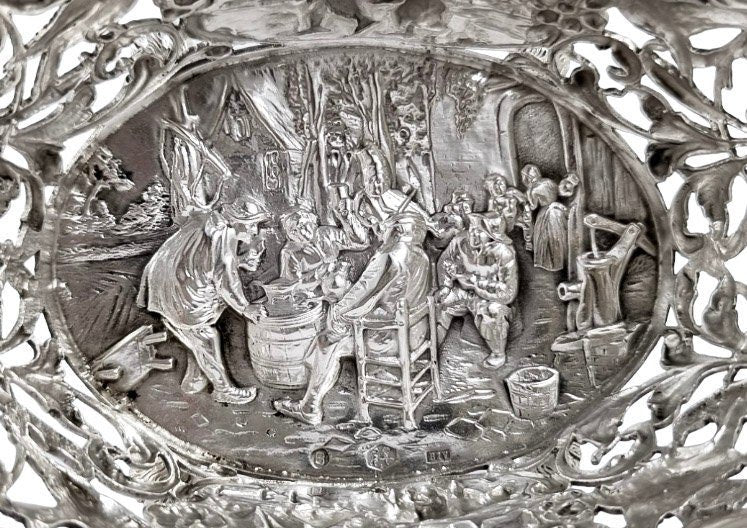 Bijkamp & Co Dutch silver bon bon pierced basket lion paw feet, village scenes and sugar tongs