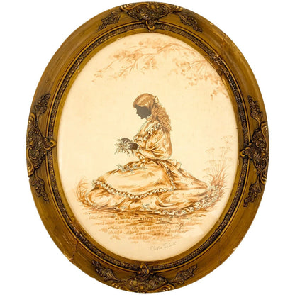 Large Christine Silver full silhouette oval portrait, glazed, mounted, sepia watercolour and pencil, signed