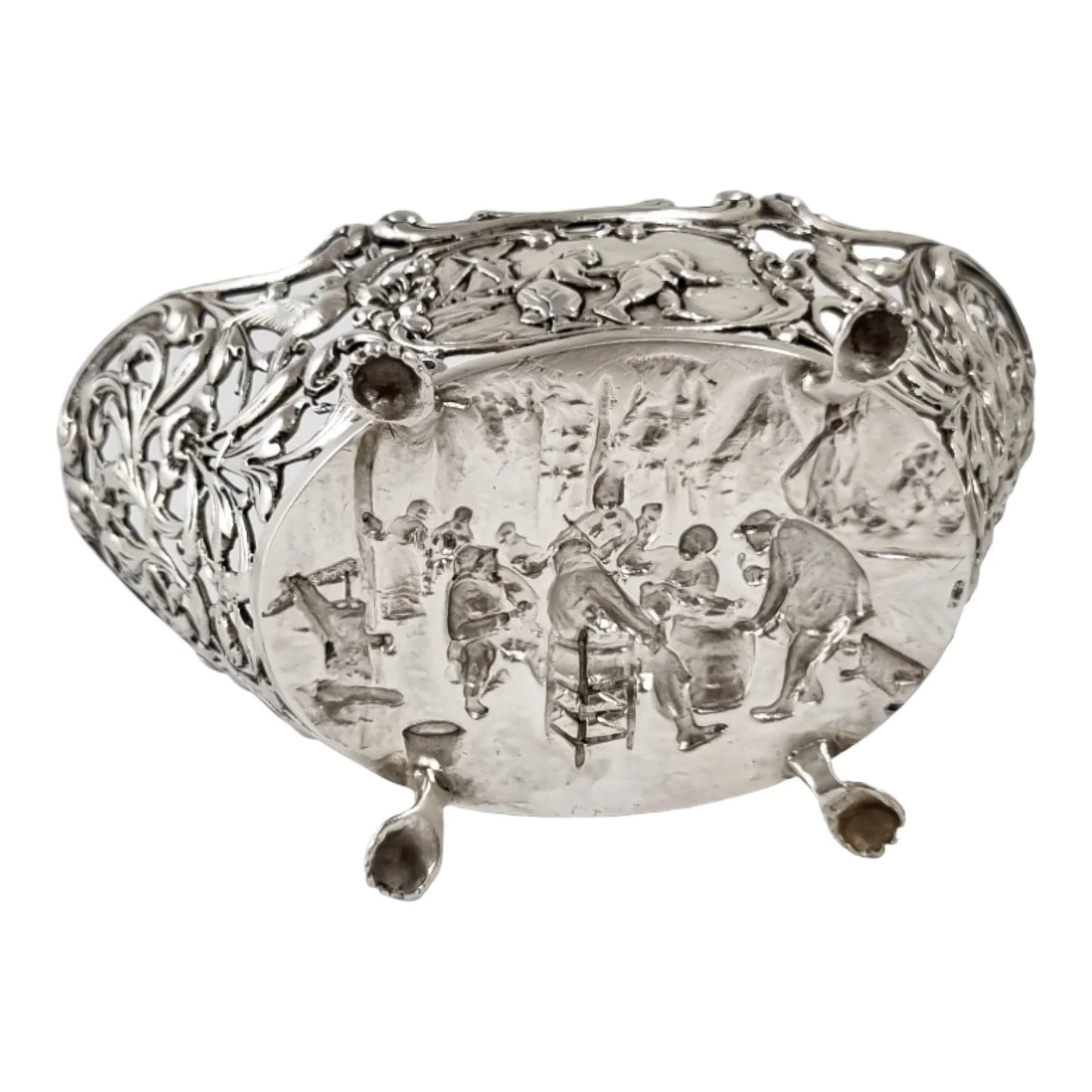 Bijkamp & Co Dutch silver bon bon pierced basket lion paw feet, village scenes and sugar tongs