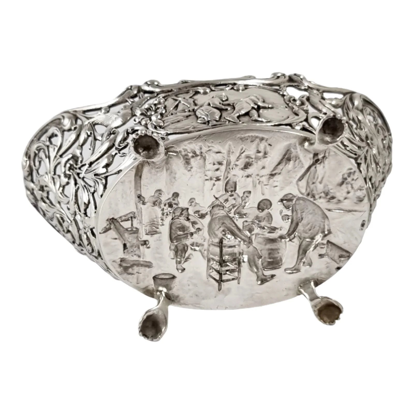 Bijkamp & Co Dutch silver bon bon pierced basket lion paw feet, village scenes and sugar tongs