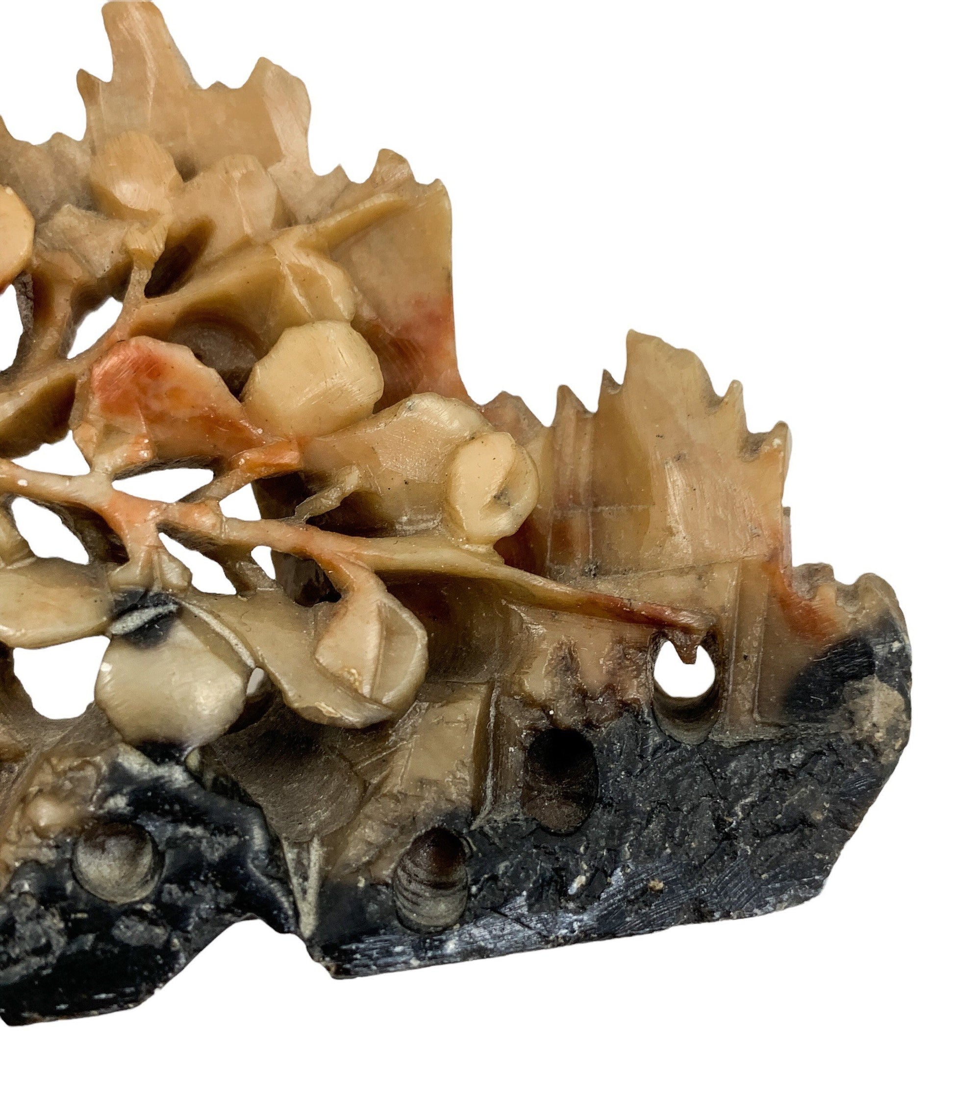 Chinese Republic soapstone calligraphy brush washer pot figurine flowering prunus tree