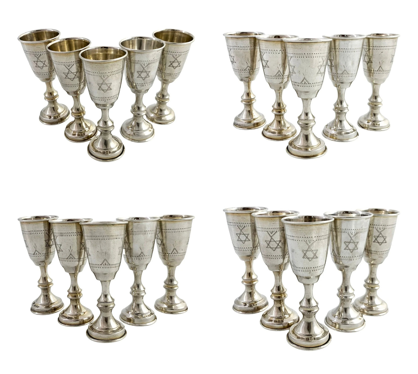 George V Jacob Rosenzweig 5 gilt sterling silver Kiddush wine cups, Star of David wrigglework