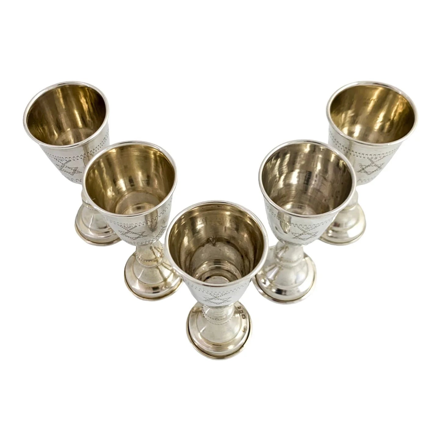 George V Jacob Rosenzweig 5 gilt sterling silver Kiddush wine cups, Star of David wrigglework