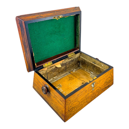William IV rosewood sarcophagus jewellery box with turned handles and floral mother-of-pearl inlay
