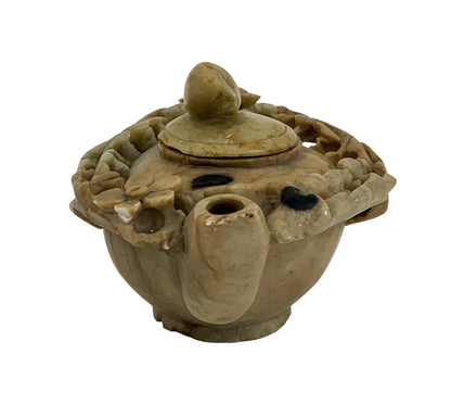 Chinese Republic pale yellow soapstone teapot with prunus flowers and bird on lid