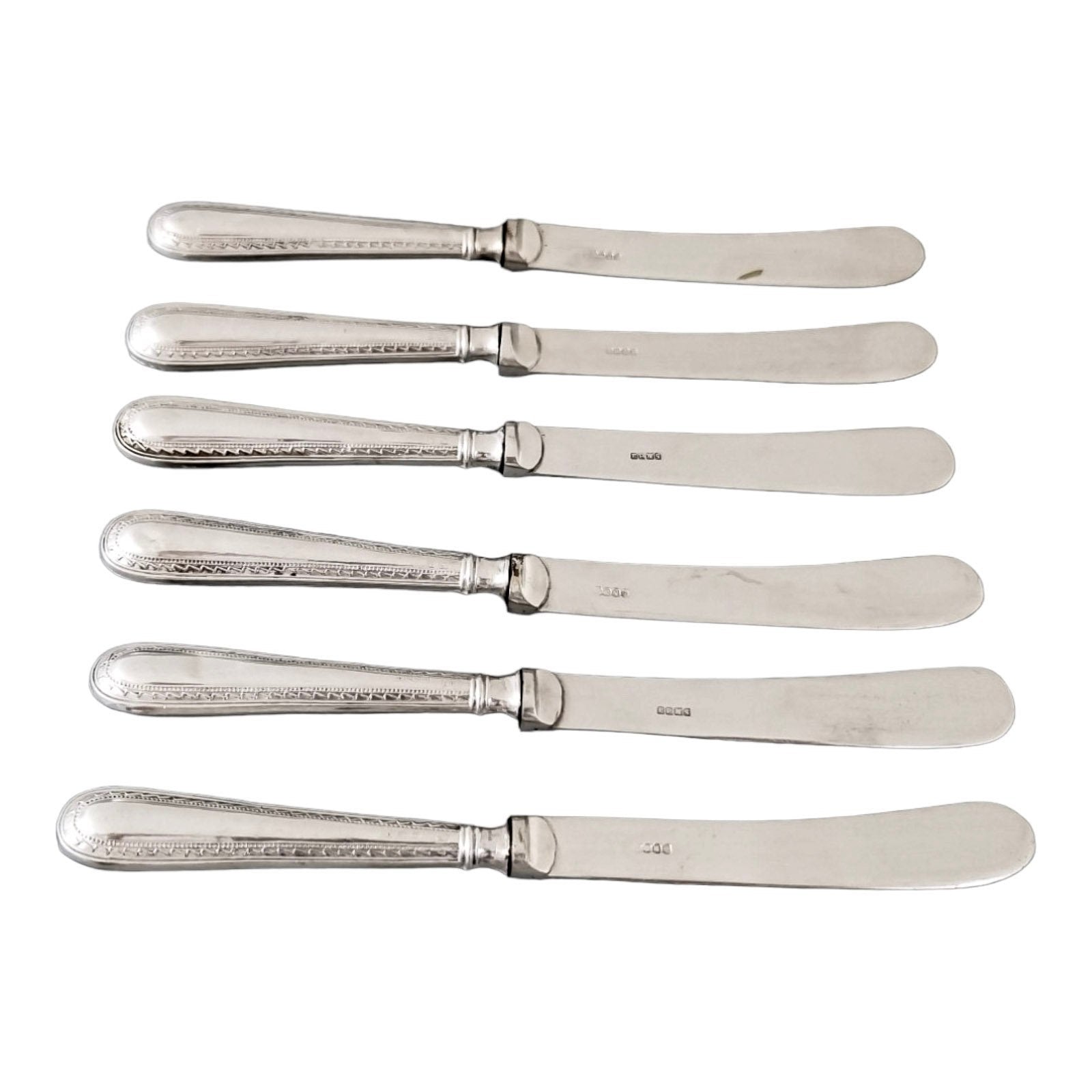Art Deco sterling silver set 6 tea butter knives, geometric bands, cased, Yates Bros, 1932