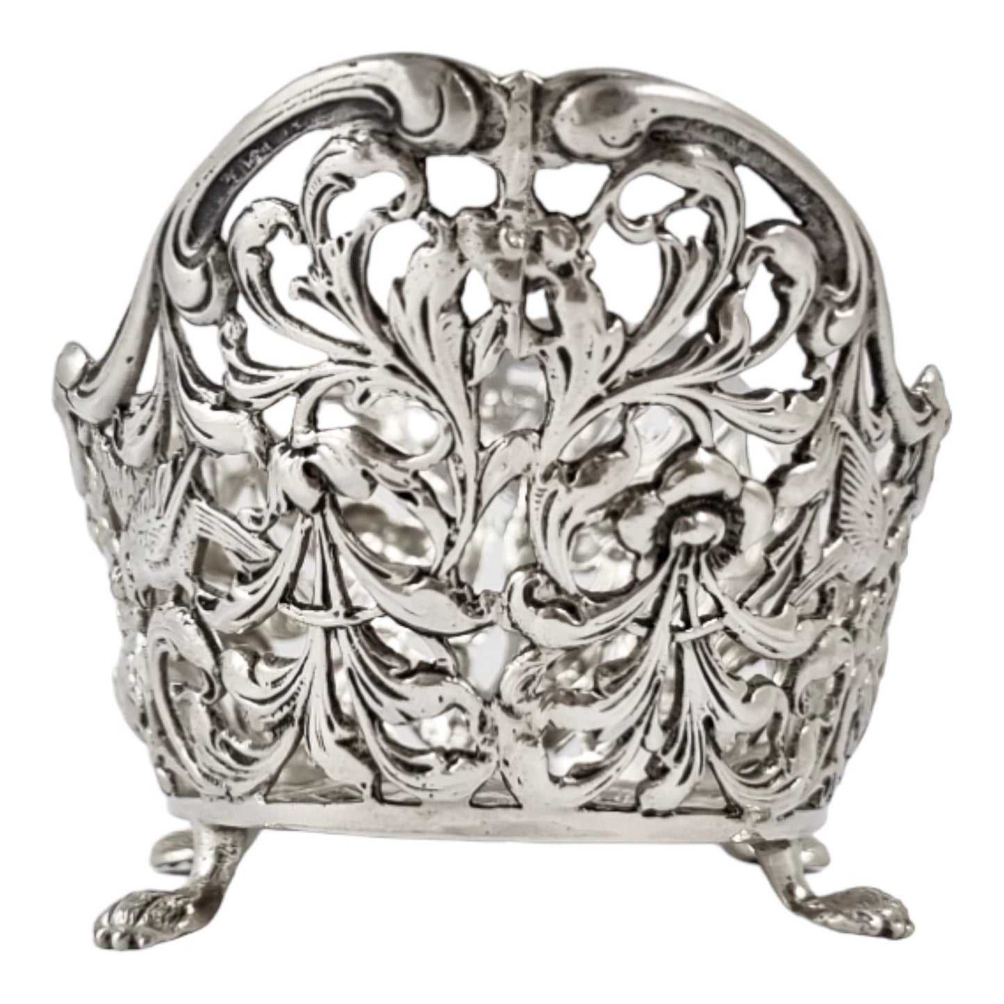 Bijkamp & Co Dutch silver bon bon pierced basket lion paw feet, village scenes and sugar tongs