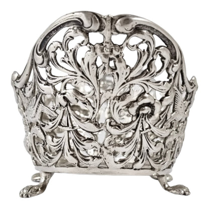 Bijkamp & Co Dutch silver bon bon pierced basket lion paw feet, village scenes and sugar tongs