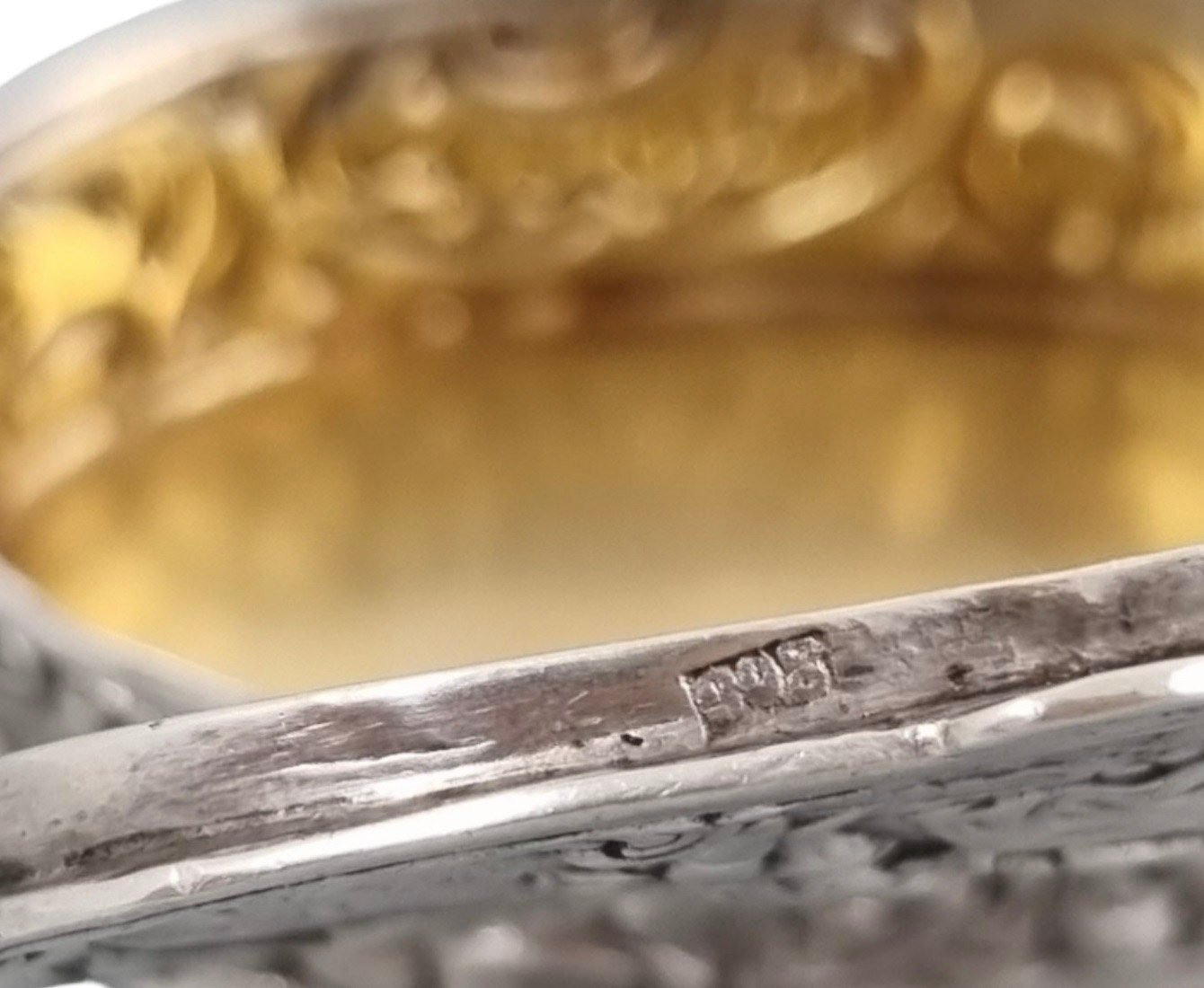 Victorian 800 solid silver gilt oval snuff pill box embossed gallant courting couple and scrolls
