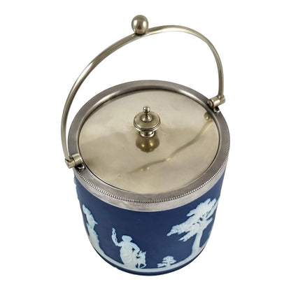 Victorian Wedgwood cobalt blue Jasperware Neoclassical biscuit barrel, silver plate mounts