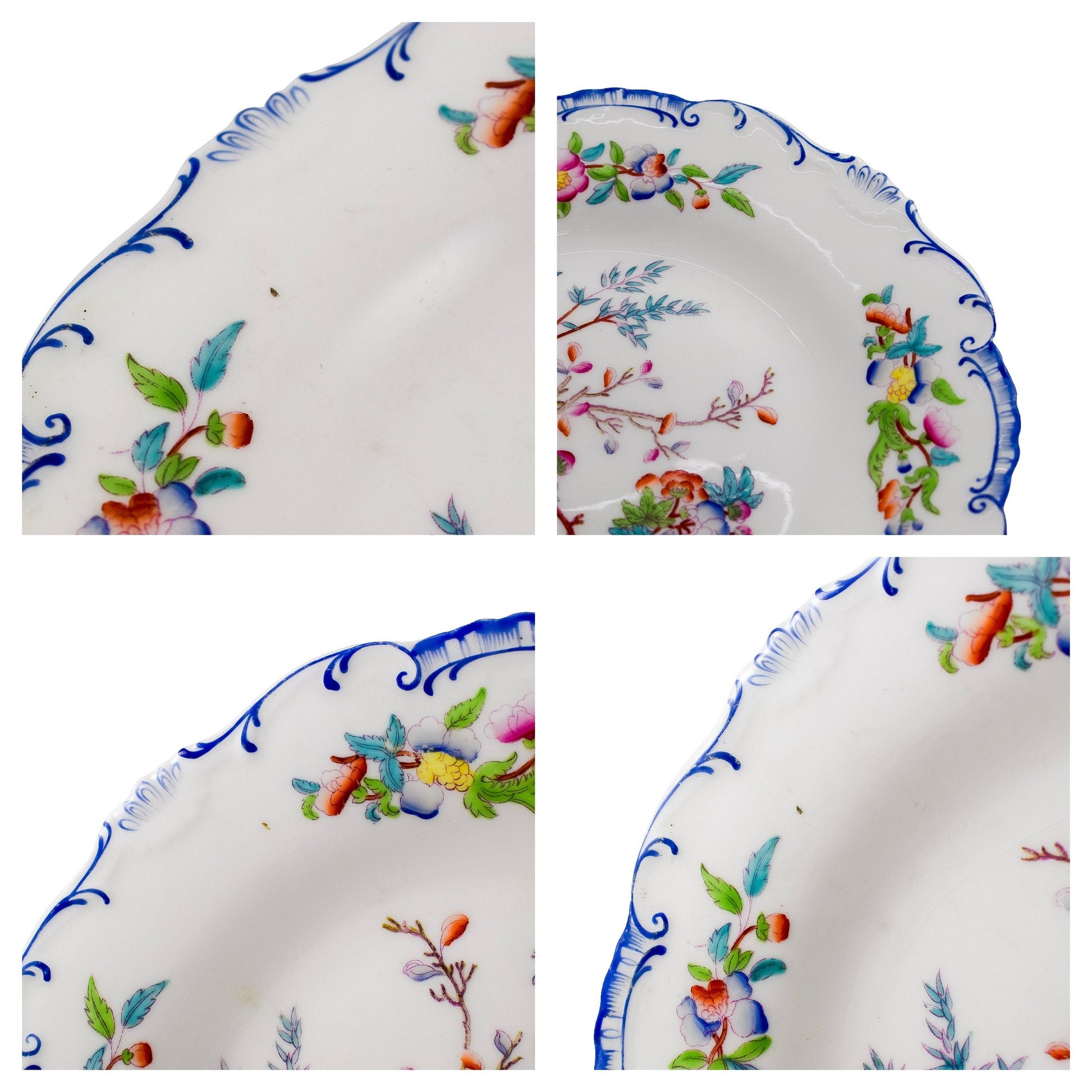 Set of six Victorian Minton porcelain Chinoiserie Indian tree dessert plates, scalloped moulded edges