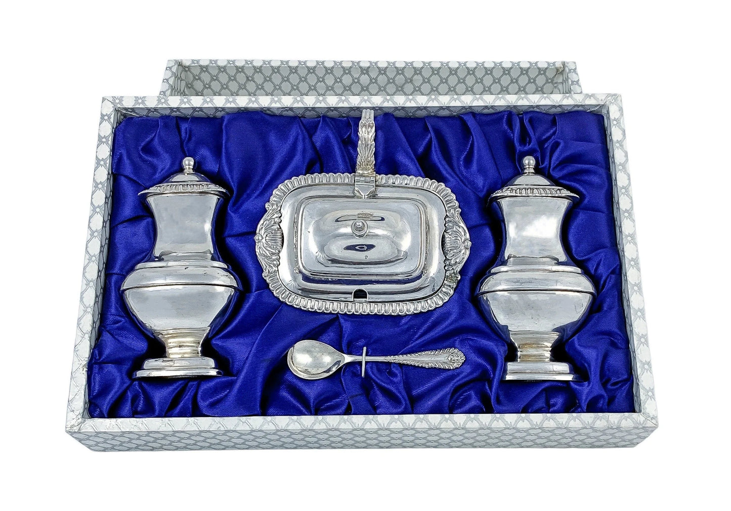 Vintage boxed Regency style four piece cruet set: mustard pot and spoon, salt and pepper shakers