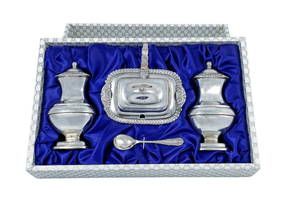 Vintage boxed Regency style four piece cruet set: mustard pot and spoon, salt and pepper shakers