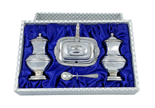 Vintage boxed Regency style four piece cruet set: mustard pot and spoon, salt and pepper shakers