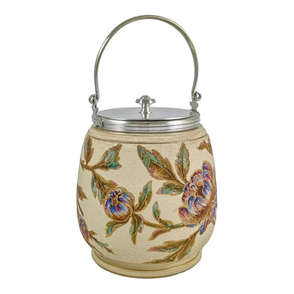 Art Nouveau Taylor Tunnicliffe & Co gilded pottery Secessionist peony floral biscuit barrel, silver plate mounts