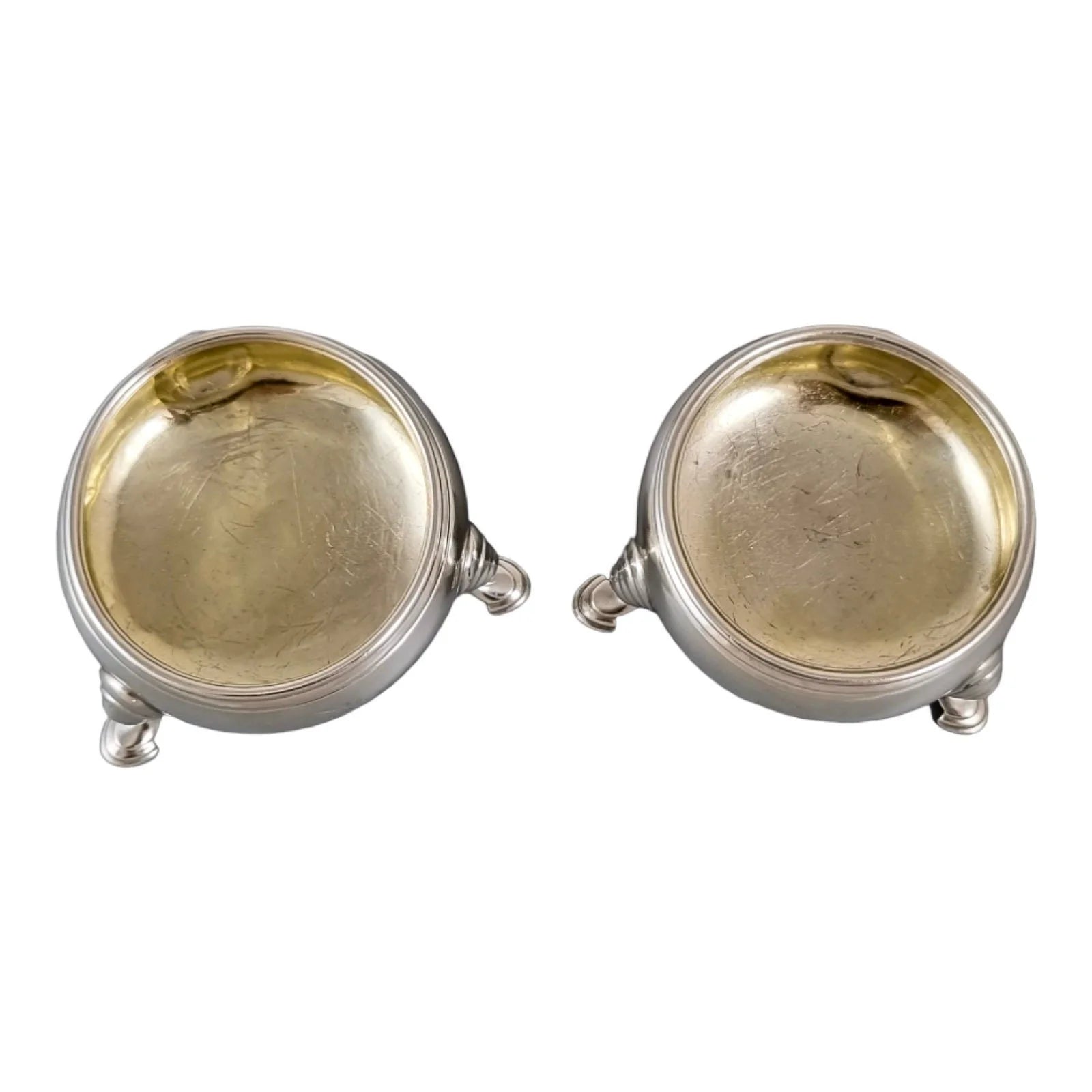 George II gilt sterling silver pair of two tripod cauldron salts, unicorn family crest, 1743