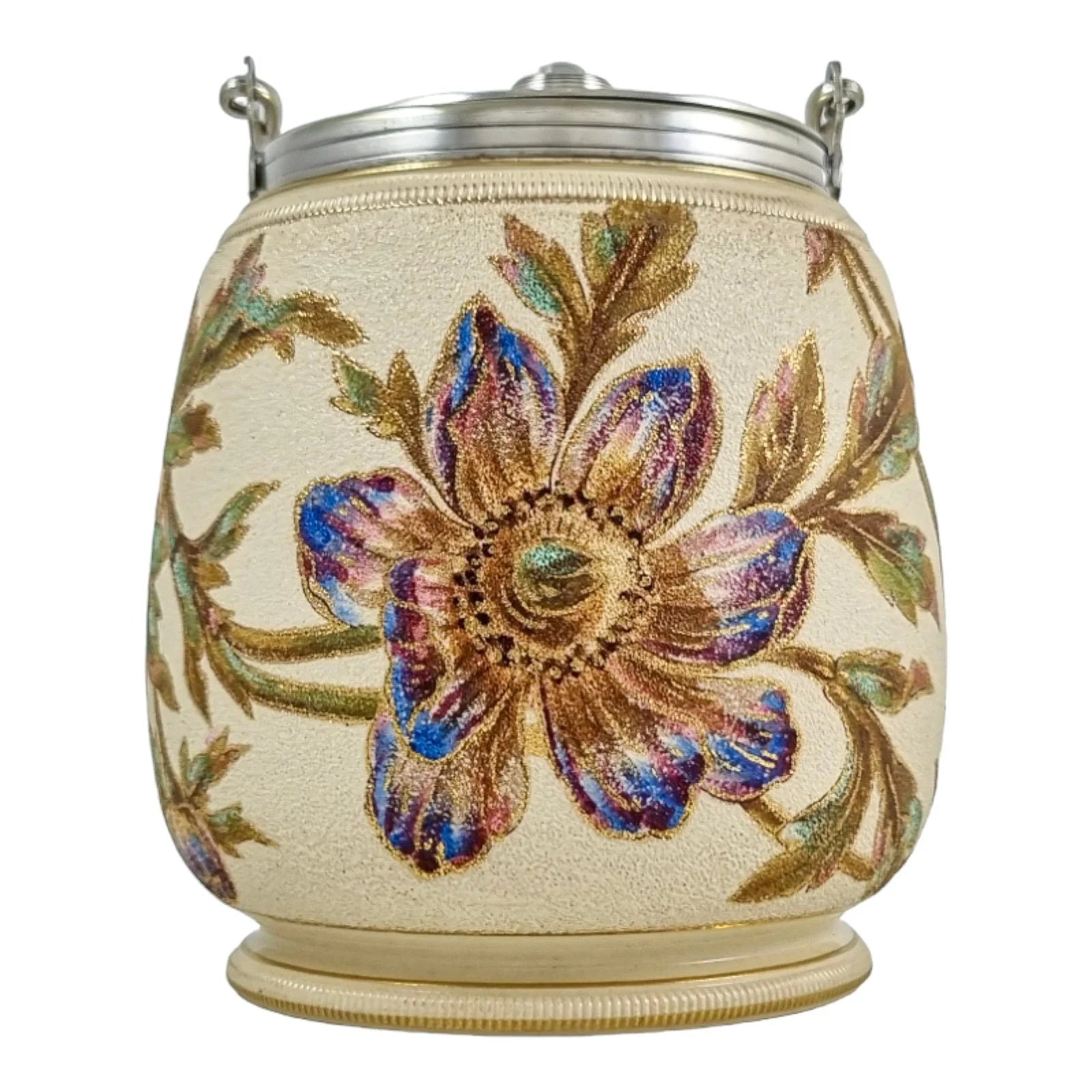 Art Nouveau Taylor Tunnicliffe & Co gilded pottery Secessionist peony floral biscuit barrel, silver plate mounts