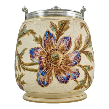 Art Nouveau Taylor Tunnicliffe & Co gilded pottery Secessionist peony floral biscuit barrel, silver plate mounts