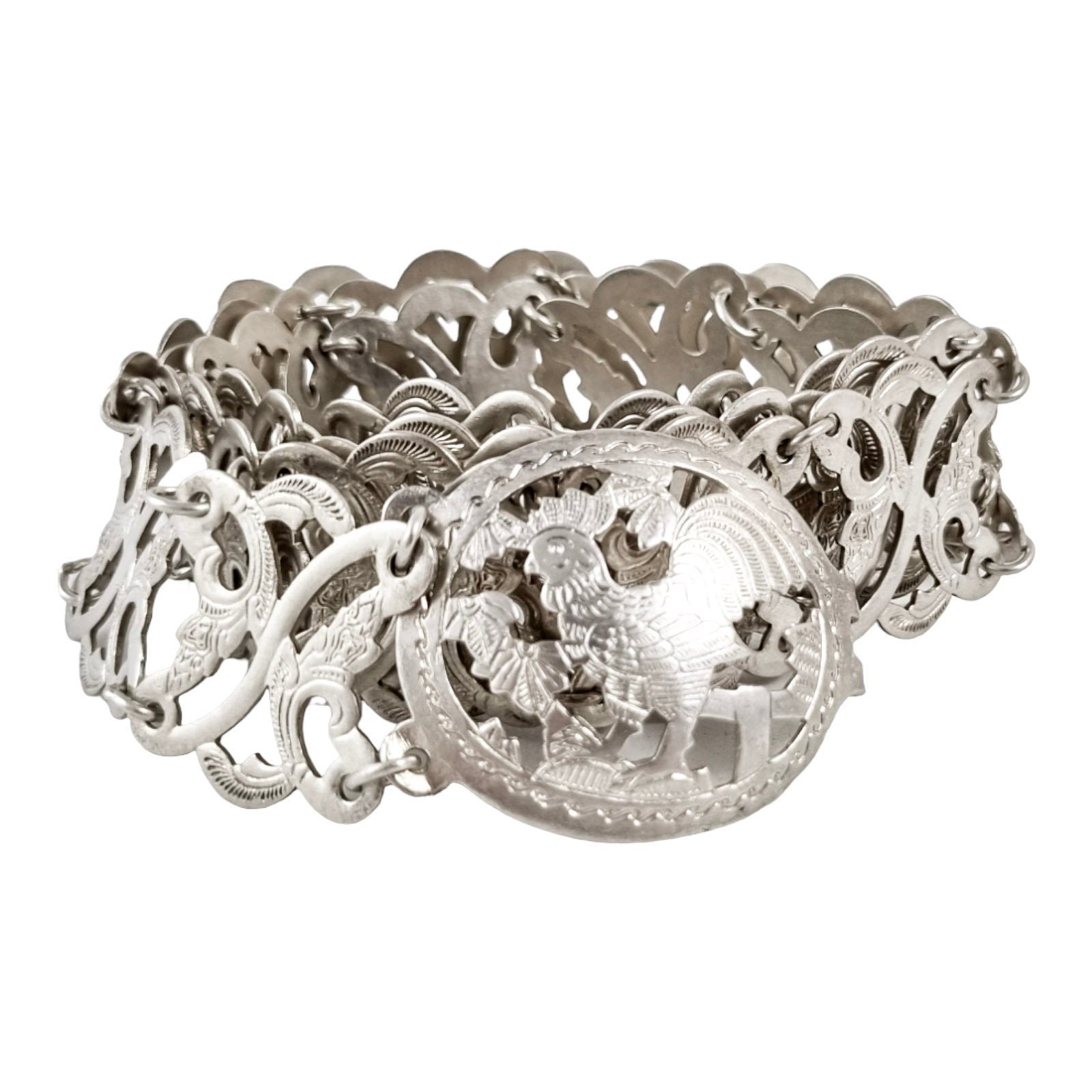 Straits Chinese Peranakan Baba Nyonya solid silver link belt with rooster clasp