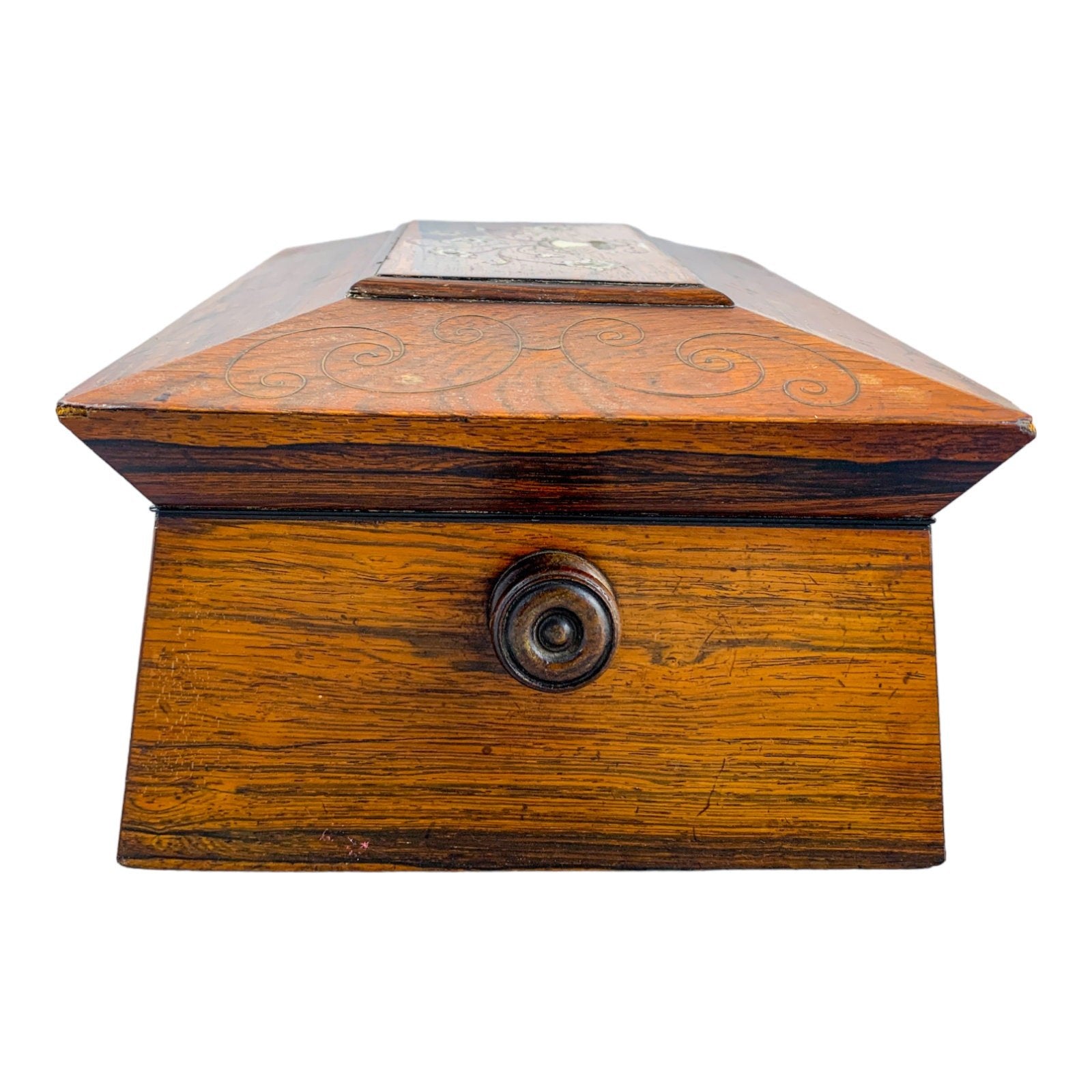 William IV rosewood sarcophagus jewellery box with turned handles and floral mother-of-pearl inlay