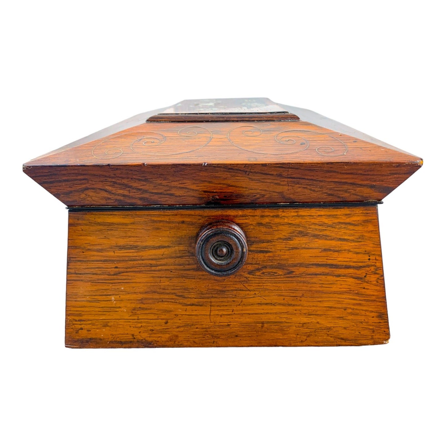 William IV rosewood sarcophagus jewellery box with turned handles and floral mother-of-pearl inlay
