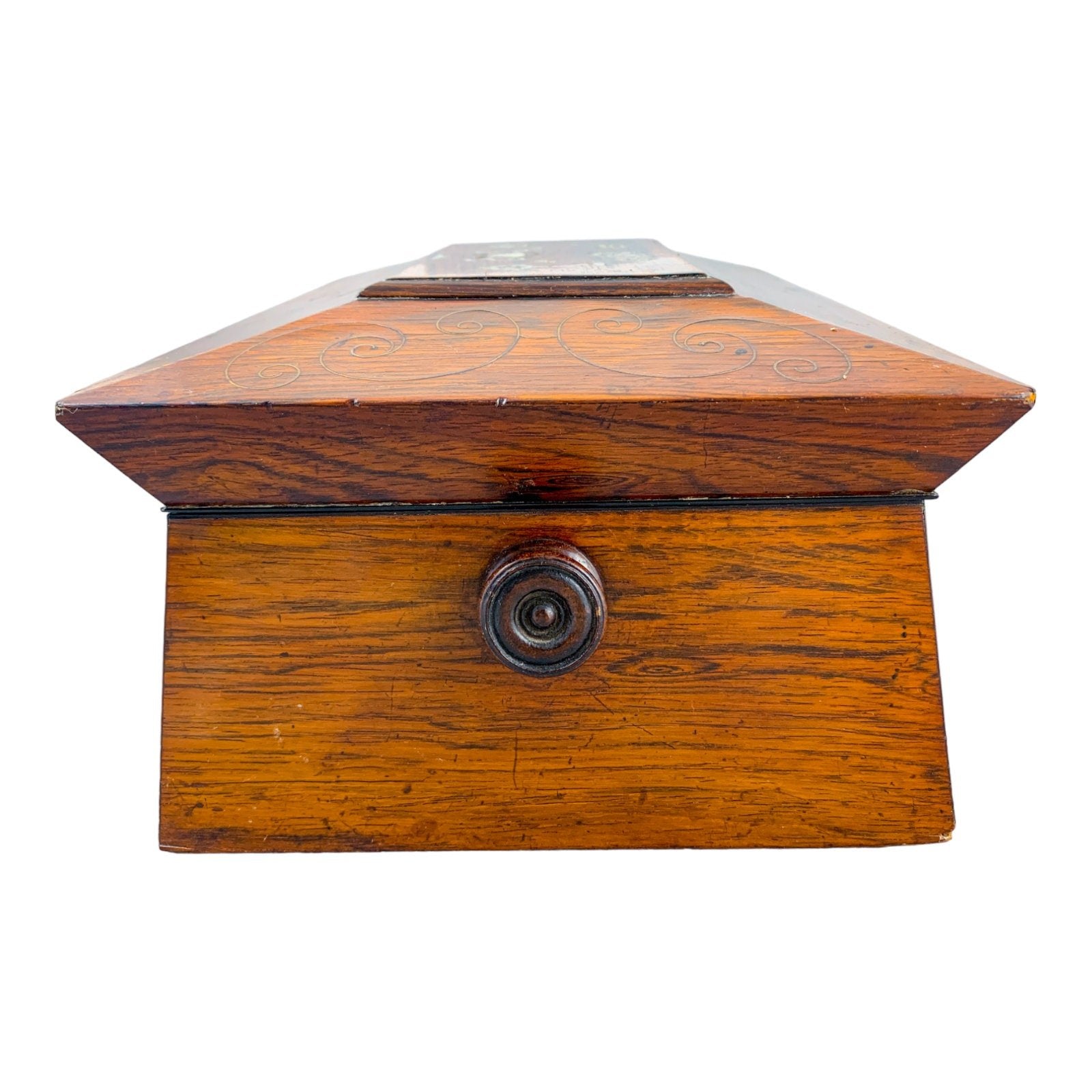 William IV rosewood sarcophagus jewellery box with turned handles and floral mother-of-pearl inlay