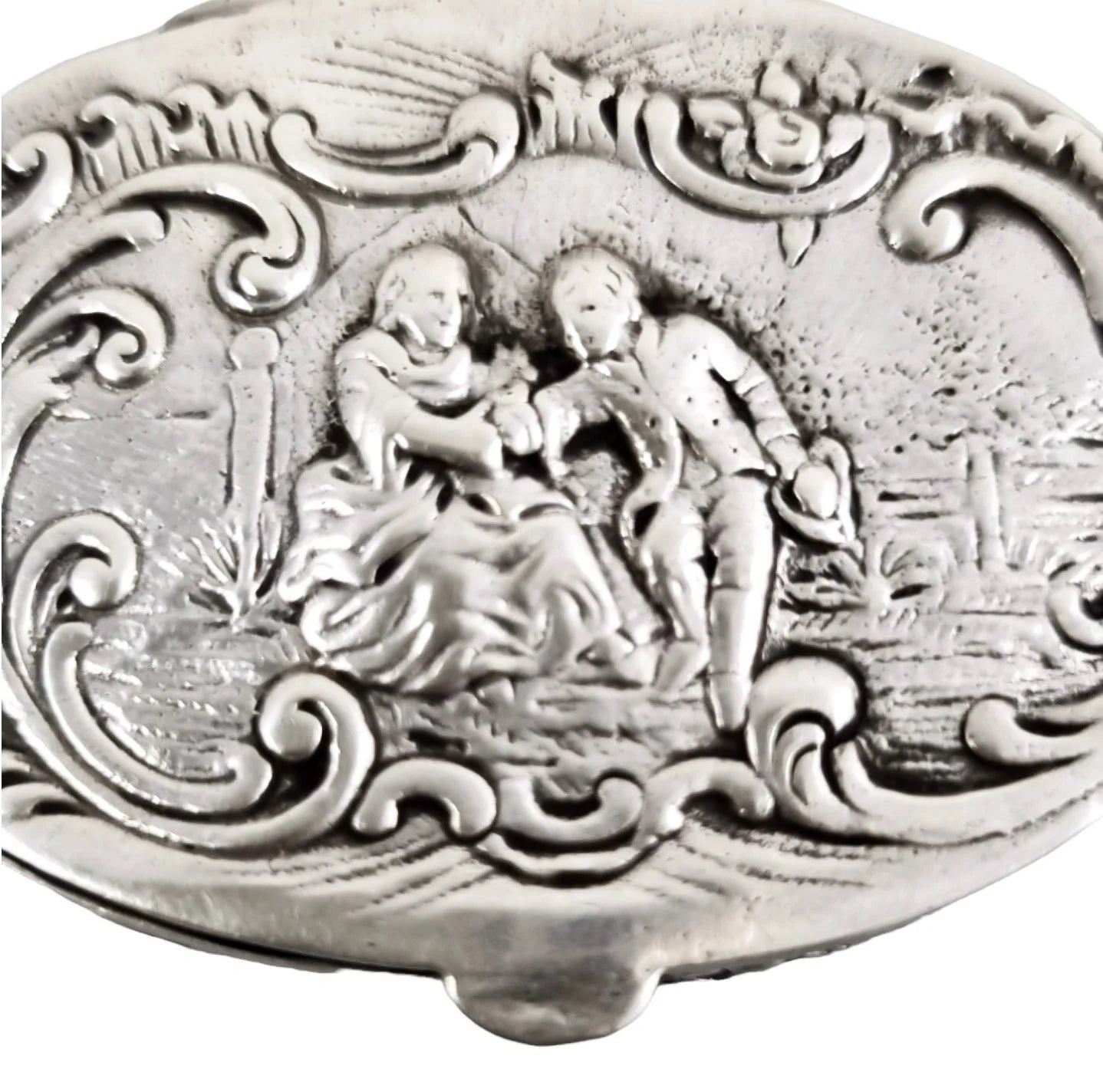 Victorian 800 solid silver gilt oval snuff pill box embossed gallant courting couple and scrolls