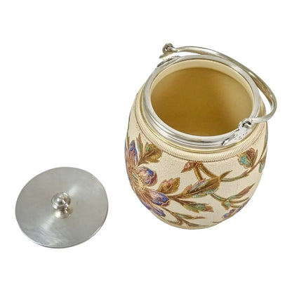 Art Nouveau Taylor Tunnicliffe & Co gilded pottery Secessionist peony floral biscuit barrel, silver plate mounts