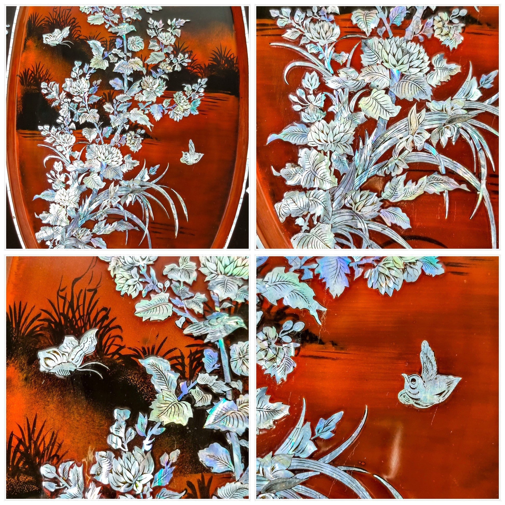 Huge vintage Asian lacquerware fluted tray inlaid with mother-of-pearl flowers, dragons, birds and butterflies