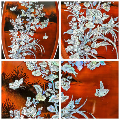 Huge vintage Asian lacquerware fluted tray inlaid with mother-of-pearl flowers, dragons, birds and butterflies