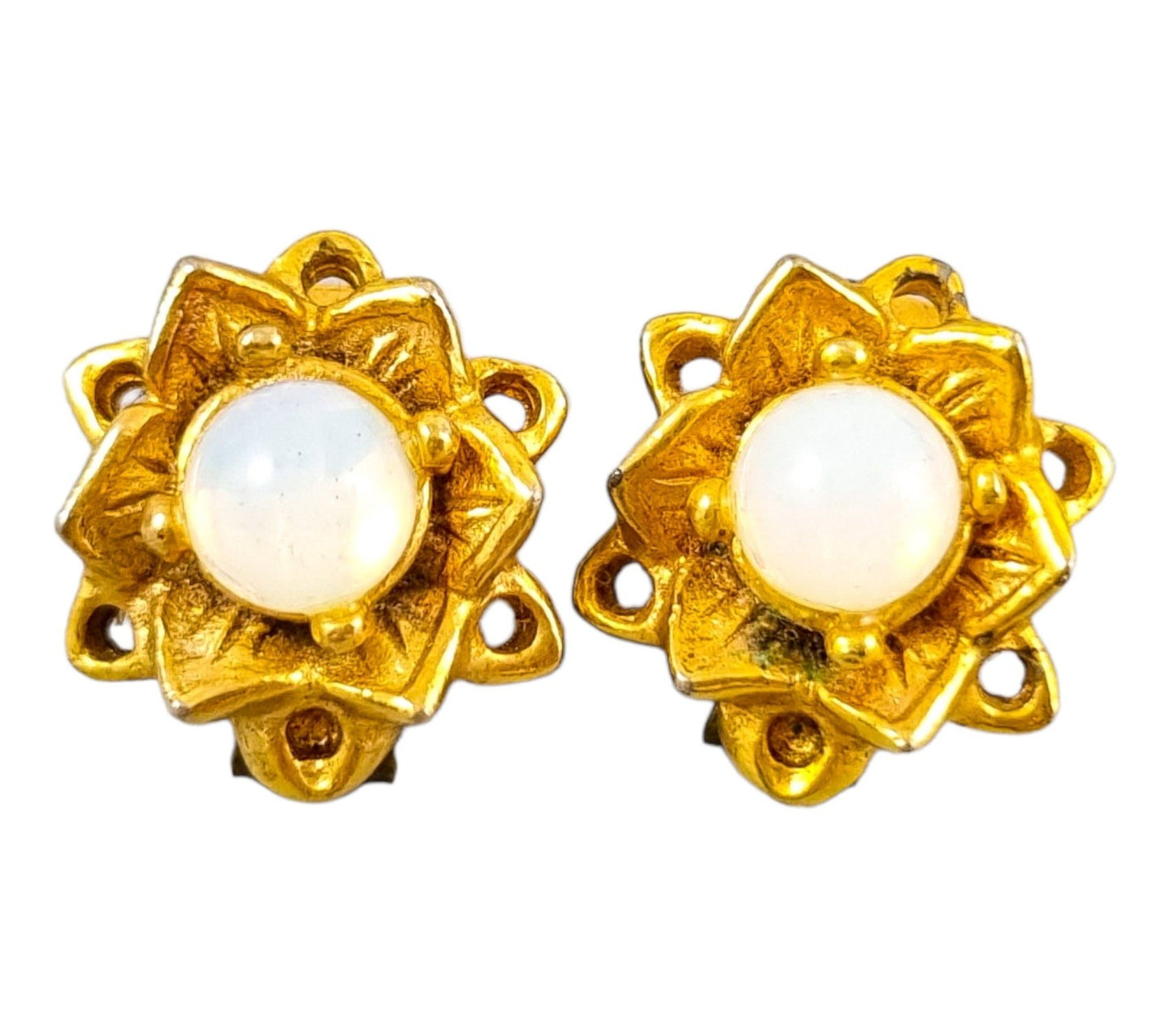 1960's estate gold plated opalite moonstone ear clips in a cluster floral shape
