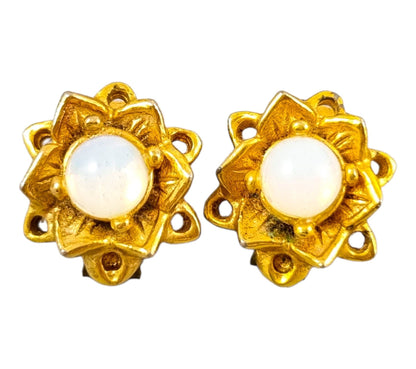 1960's estate gold plated opalite moonstone ear clips in a cluster floral shape
