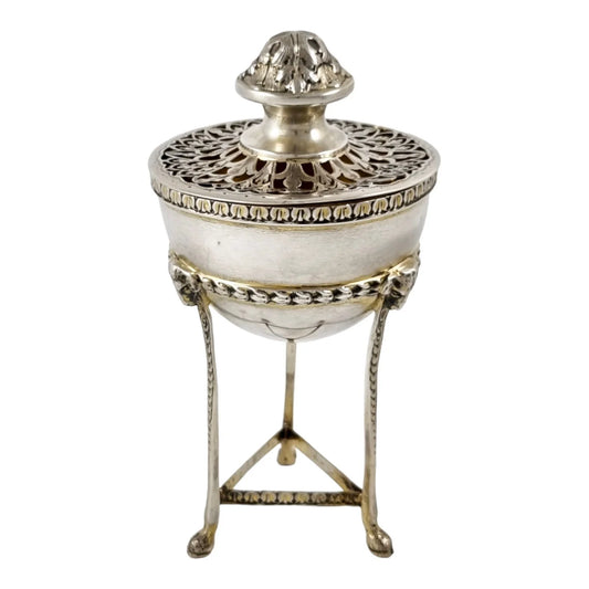 Neoclassical gilt sterling silver potpourri raised on hoof feet and cast with rams heads, Chester