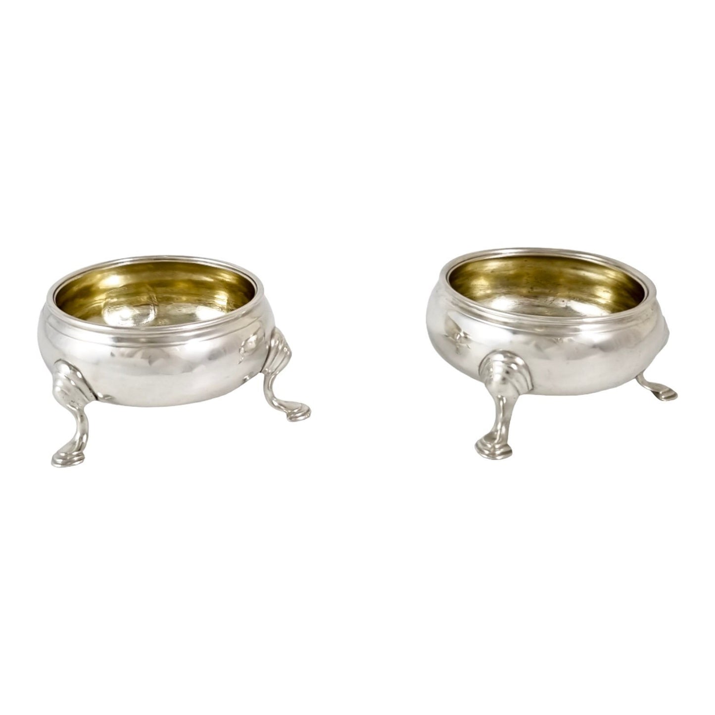 George II gilt sterling silver pair of two tripod cauldron salts, unicorn family crest, 1743