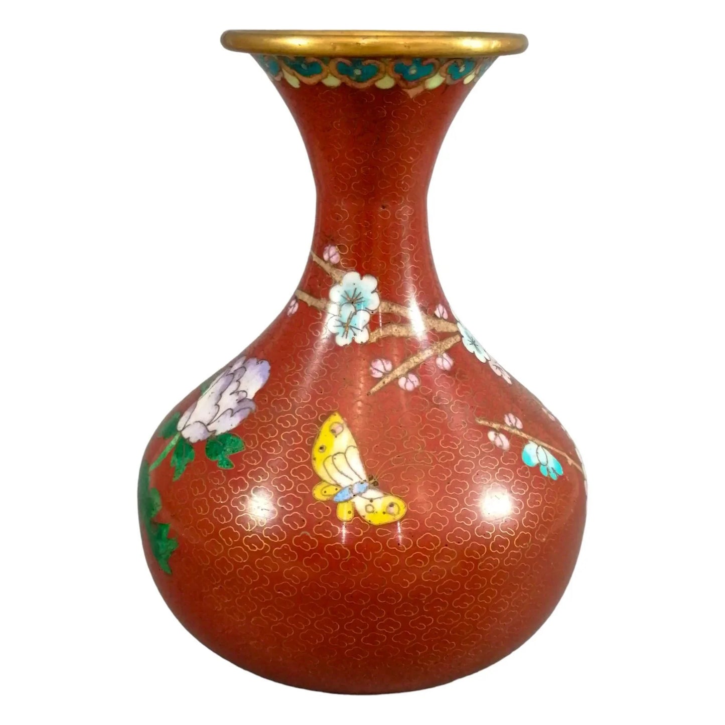 Vintage Chinese burnt red cloisonné bottle vase, pink and blue dogwood flowers