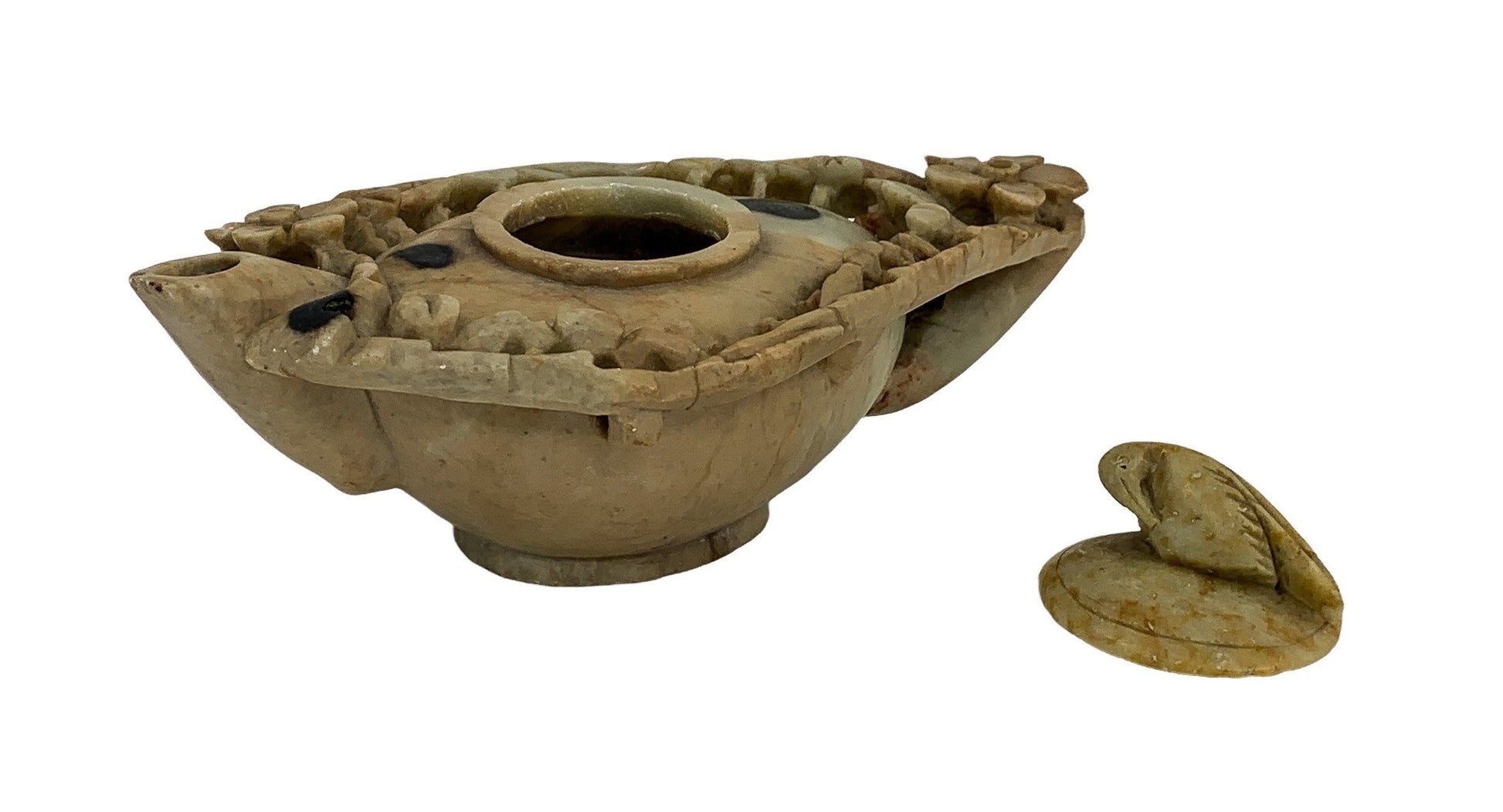 Chinese Republic pale yellow soapstone teapot with prunus flowers and bird on lid