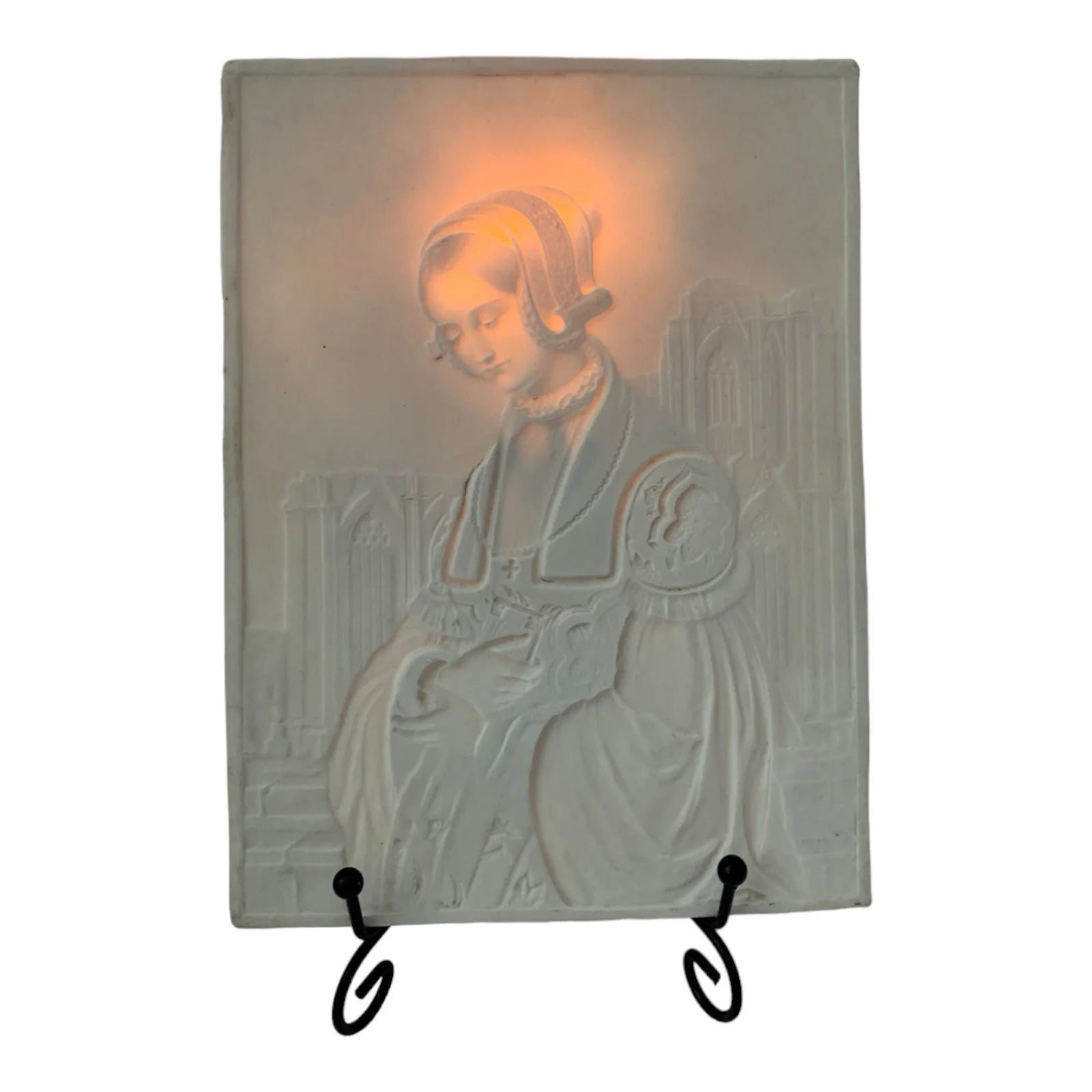 19th century German porcelain lithophane of Renaissance religious young woman in front of Cologne Cathedral (The Churchgoer by Louis Blanc)