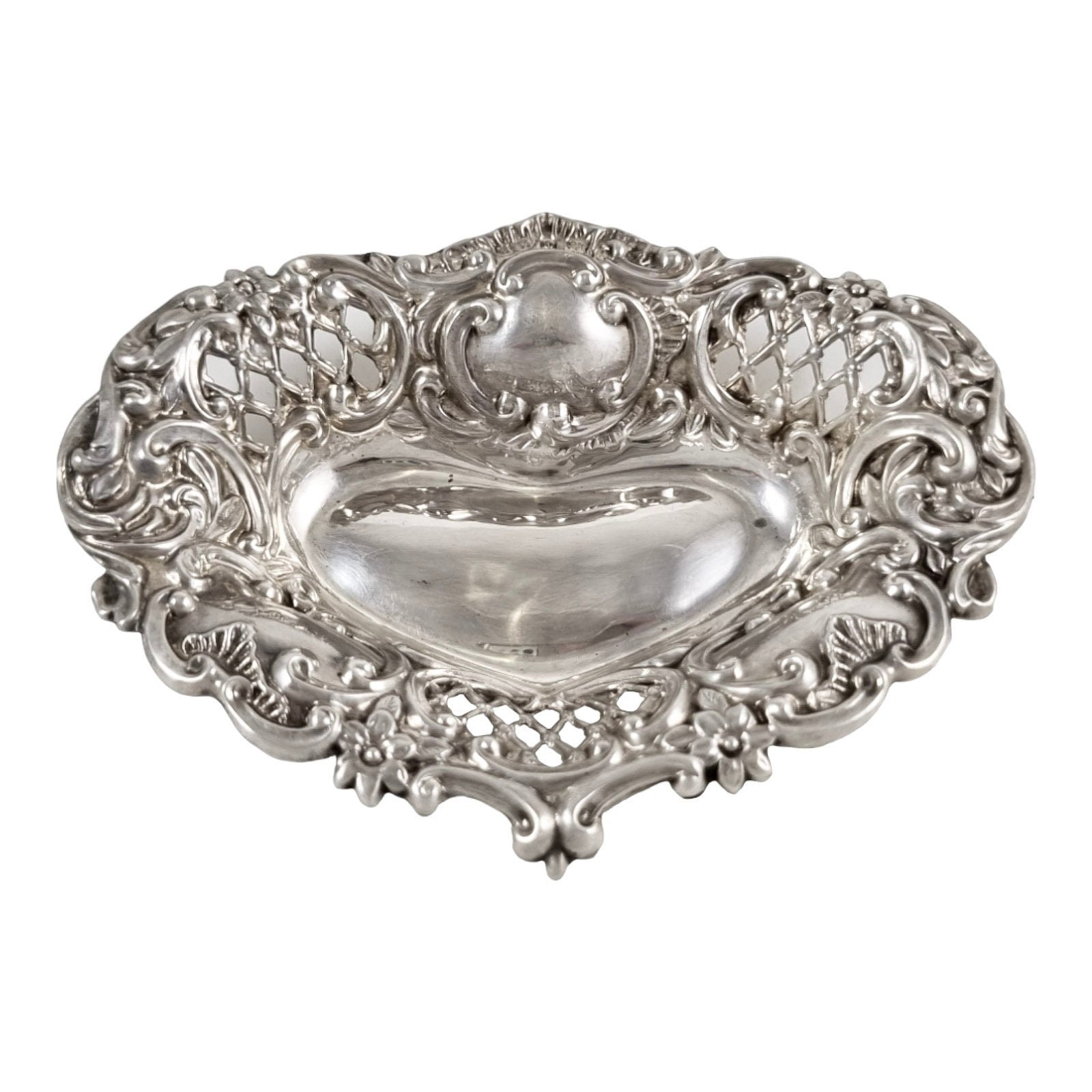 Victorian sterling silver pair of pin trays / trinket dishes heart-shaped embossed with scrolls and flowers, Henry Matthews, 1900