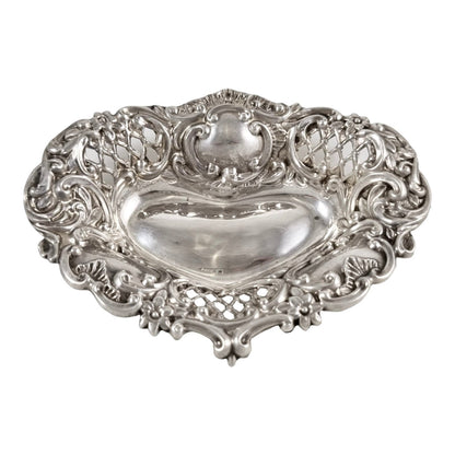 Victorian sterling silver pair of pin trays / trinket dishes heart-shaped embossed with scrolls and flowers, Henry Matthews, 1900