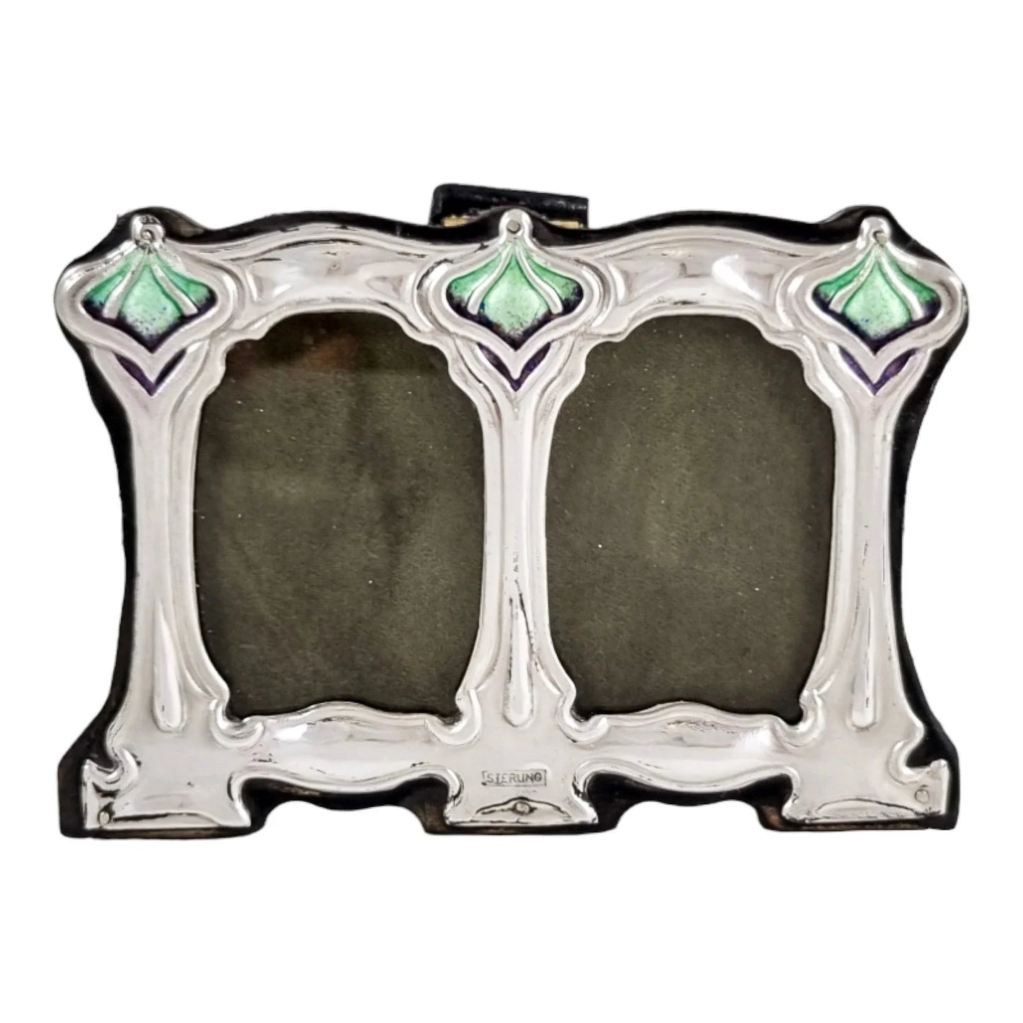 Miniature Art Nouveau / Arts & Crafts style sterling silver double photo frame in green and purple enamels
