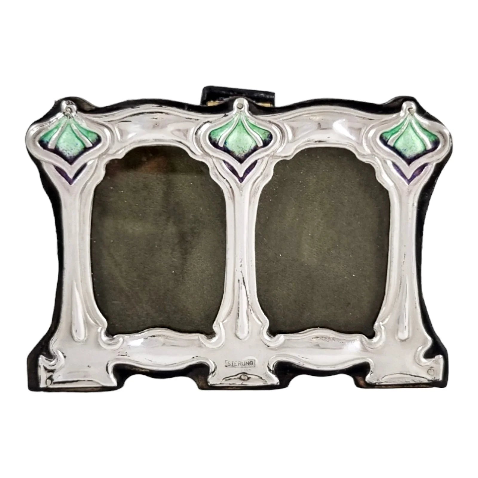 Miniature Art Nouveau / Arts & Crafts style sterling silver double photo frame in green and purple enamels