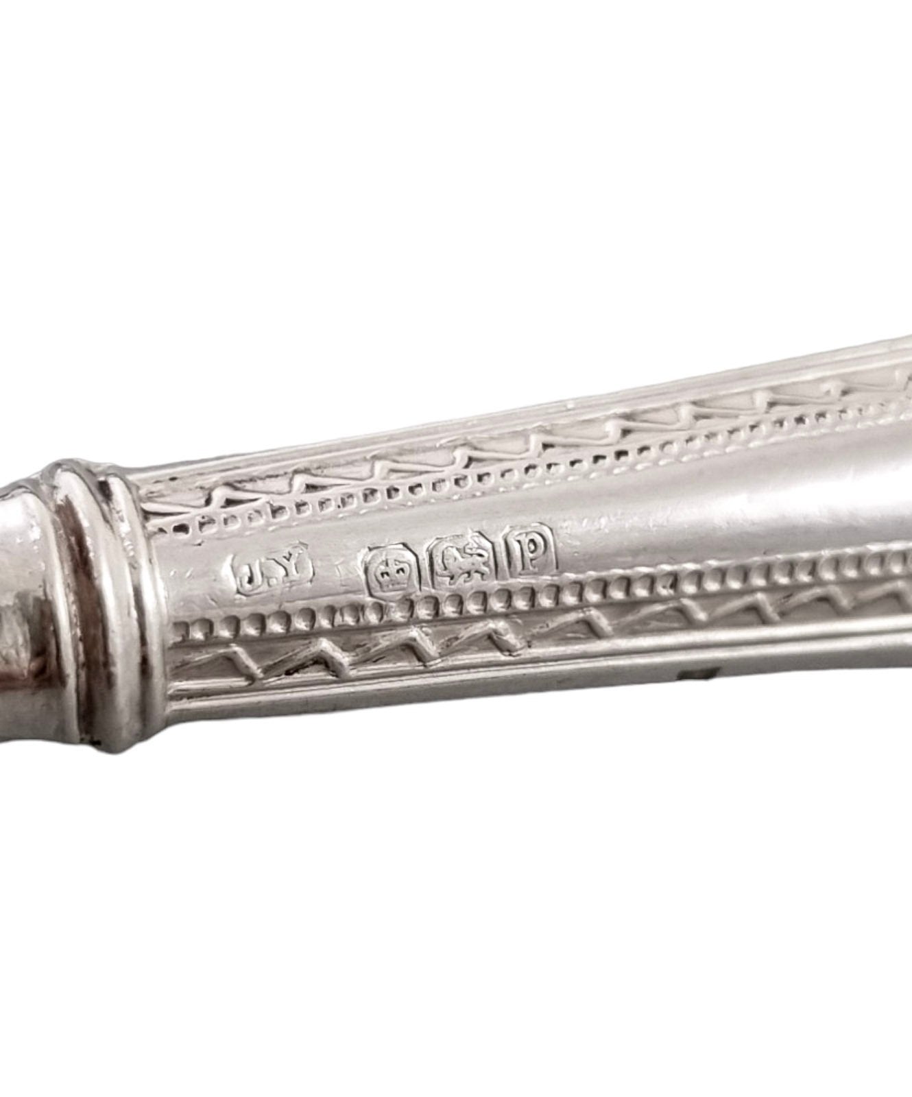 Art Deco sterling silver set 6 tea butter knives, geometric bands, cased, Yates Bros, 1932